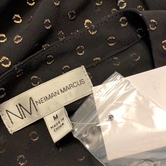 NEW Neiman Marcus Black Metallic Gold Luxury Top Sheer Long Sleeves Bow Ruffled - Picture 2 of 9